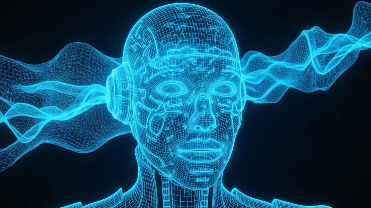 A stunning digital illustration of a futuristic humanoid head created using wireframe technology, featuring glowing blue lines and abstract wave patterns evoking advanced artificial intelligence concepts