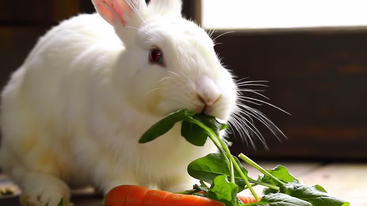 A Whimsical White Rabbit Enjoys Fresh Greens and Carrots in a Cozy Indoor Setting, Capturing the Charm and Playfulness of This Adorable Creature