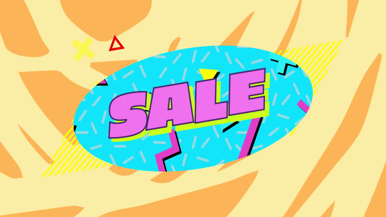 gráfico de venta en oval turquesa sobre fondo con patrones amarillos y marrones