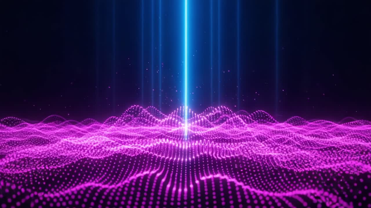 A Stunning Display of Vibrant Pink and Blue Waves with Illuminating Beams of Light Shining Down, Creating a Mesmerizing Visual Experience in a Digital Landscape