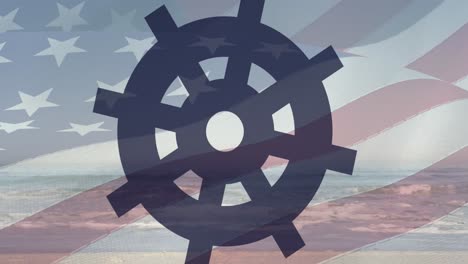 Animation-of-turning-ships-wheel-with-american-flag-blowing-over-ocean-and-blue-sky