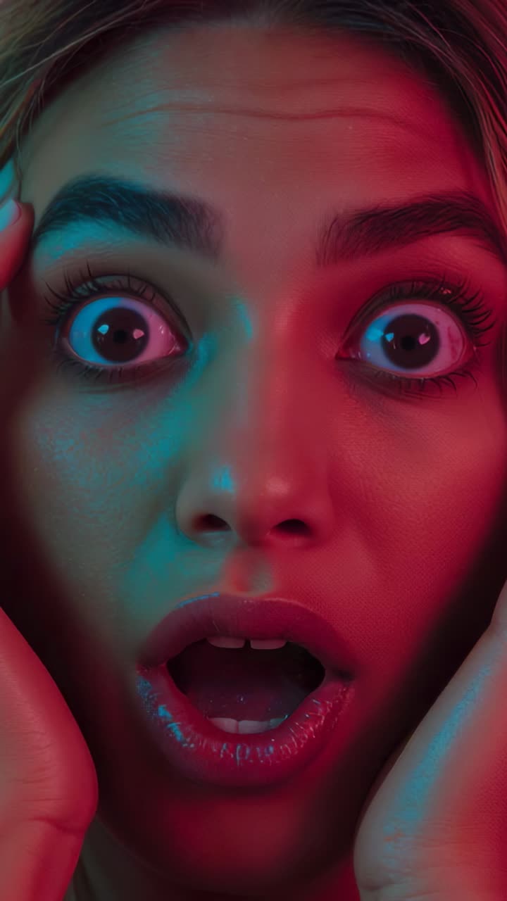 Vertical video: Turning shock into thought woman touching face with hands in teal-magenta studio