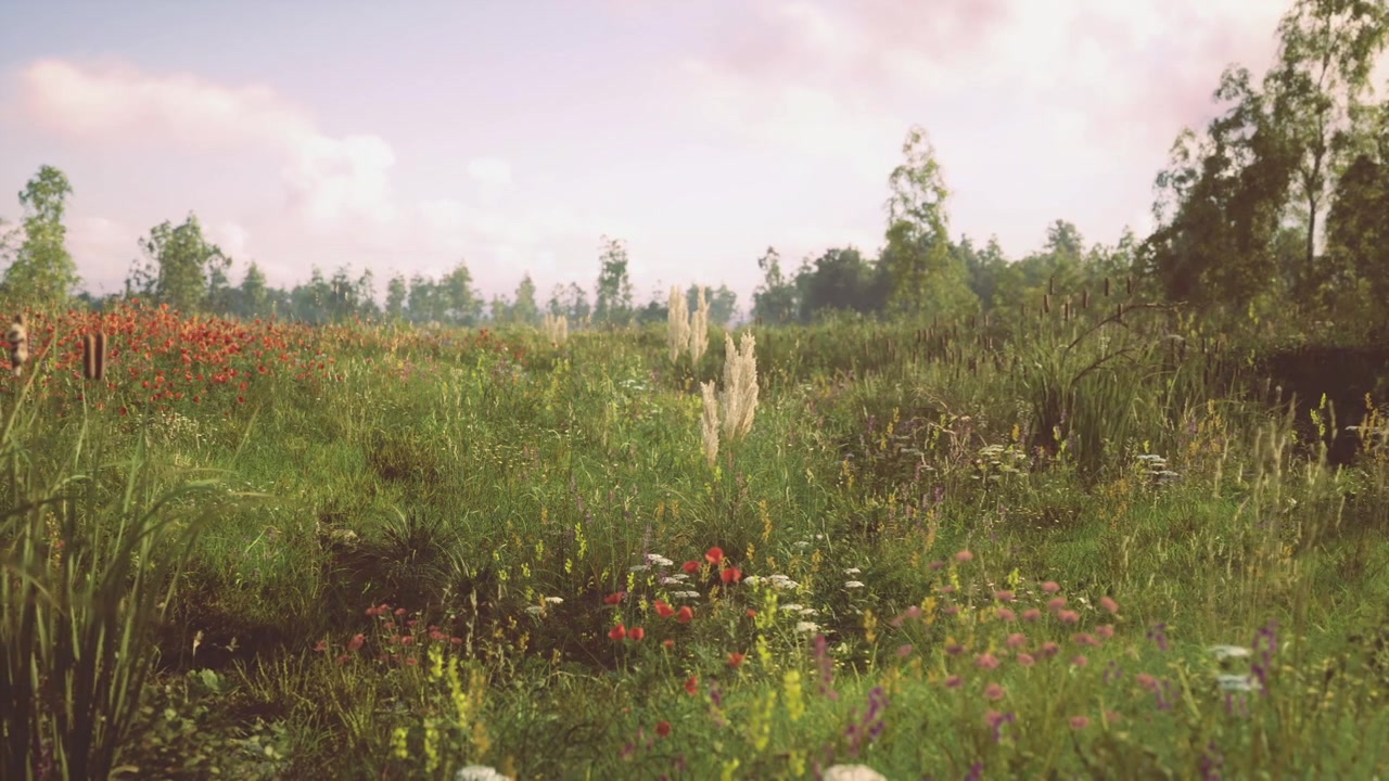 Serene countryside scene with vibrant blossoms and gentle sky
