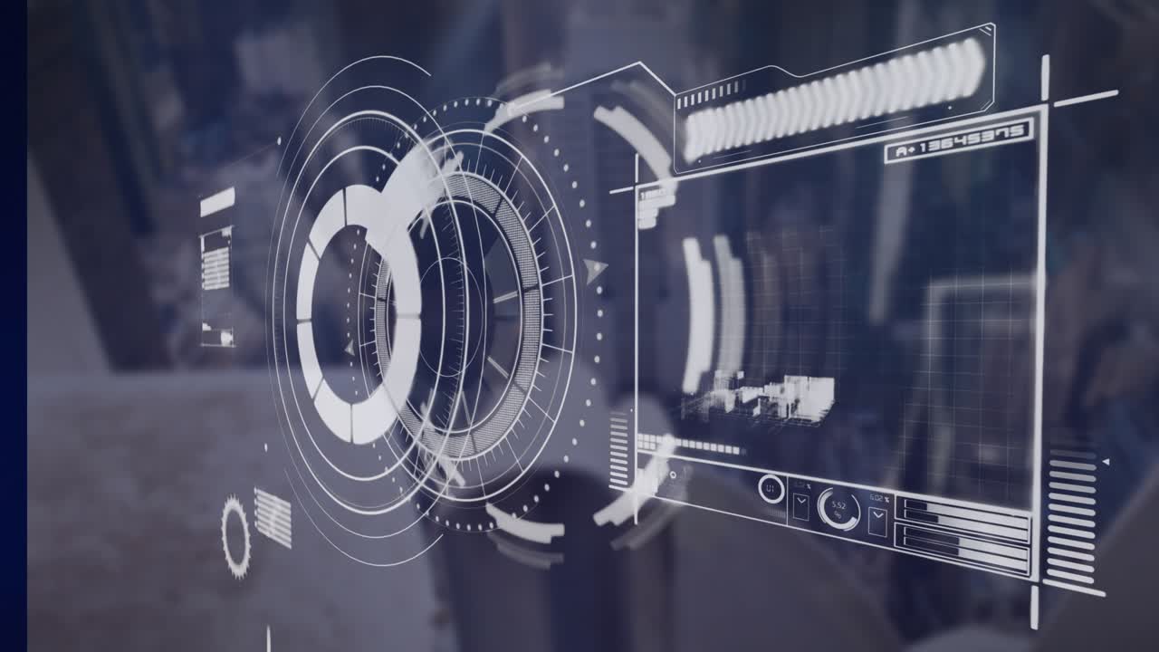 Animation of scope, statistics, data processing over cityscape