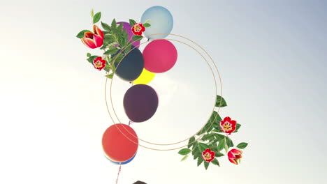 animación de un estandarte floral con espacio de copia sobre globos flotando contra un fondo de gradiente gris