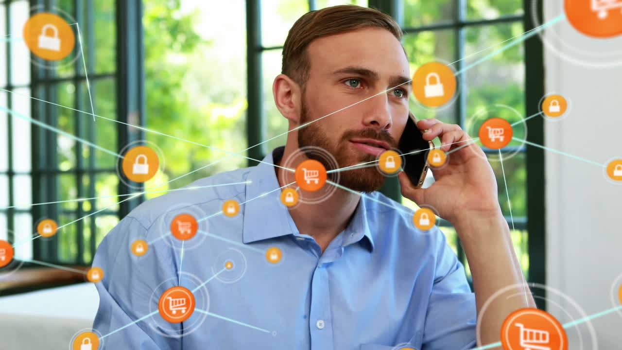 animación de la red de conexiones a través de un empresario caucásico que usa un teléfono inteligente