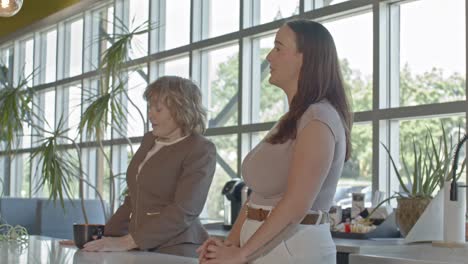 office setting with one senior citizen woman and one younger woman talking with dolly video right to left