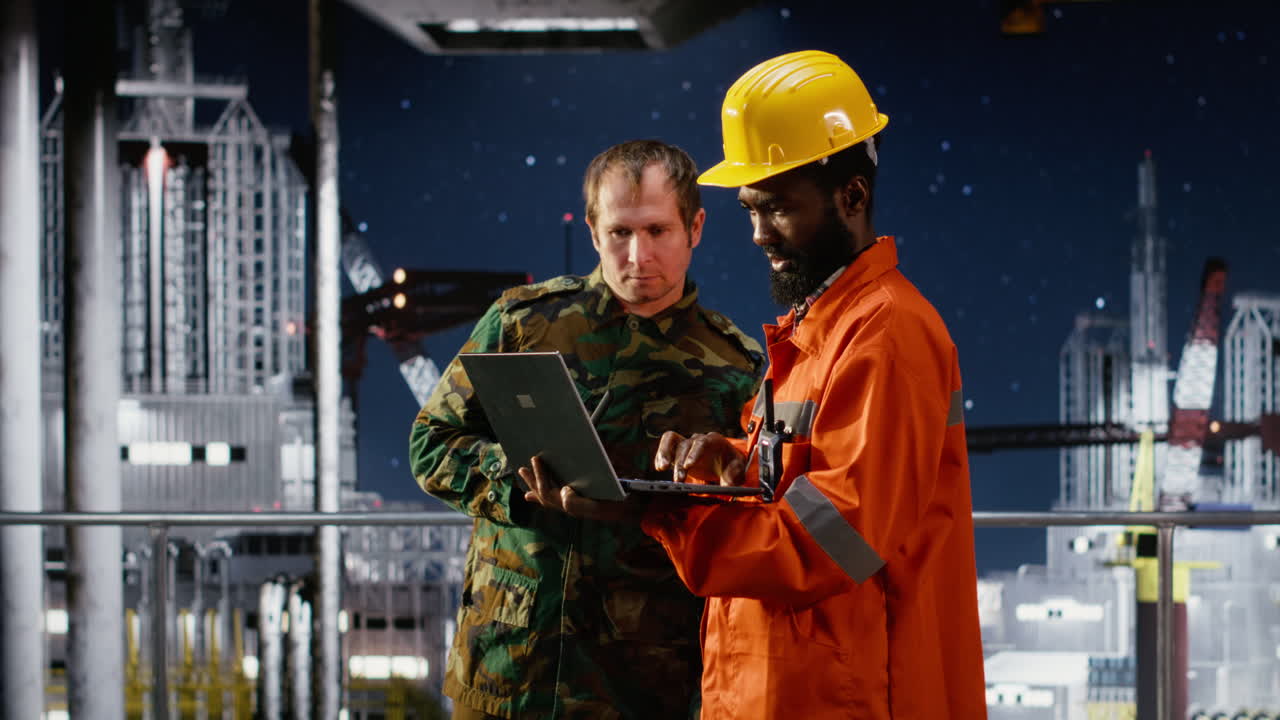 Military personnel on offshore vessel speak through walkie talkie