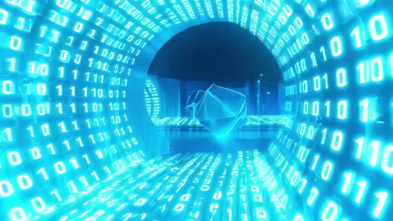 Digital Data Tunnel with Floating Geometric Shapes and Binary Code