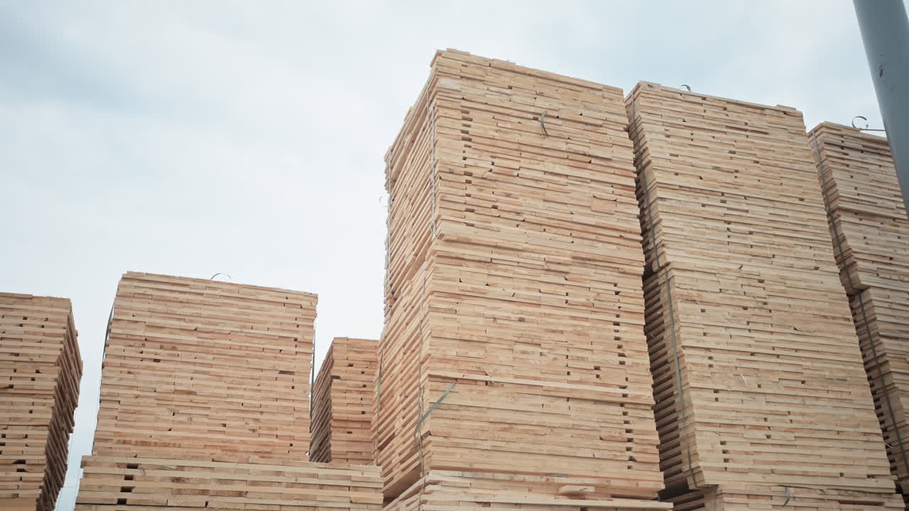 Vista ampia di alte pile di tavole di legno in un cantiere edile. Tavole di legno naturale e materiale da legname preparato per l'industria edile e la carpenteria. Area di stoccaggio industriale all'aperto.