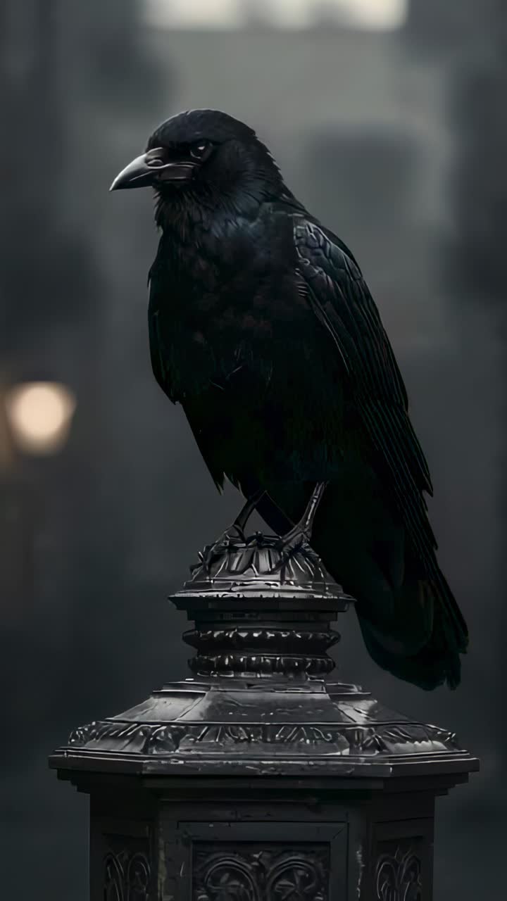 Vertical video: Turning black corvid tilting head and shifting feet on ornate finial, scanning city