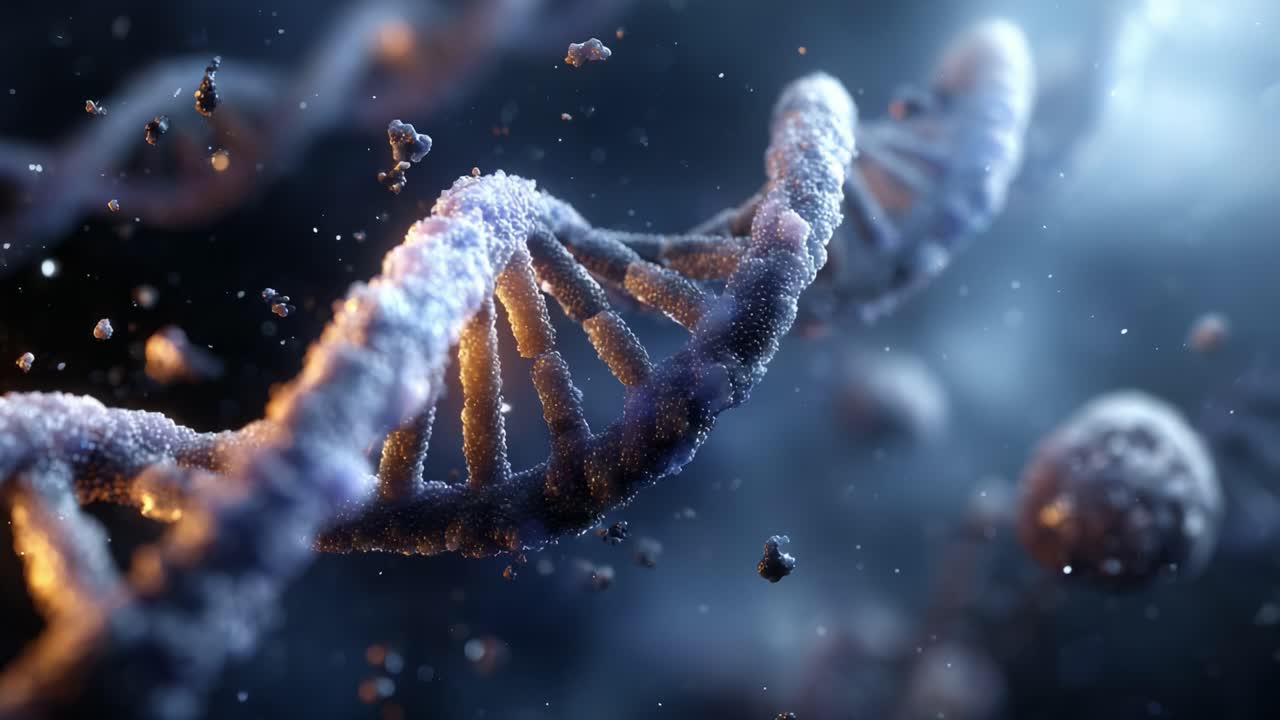 Intricate Close-Up of a DNA Helix Structure Showcasing the Double-Helix Configuration Enhanced by Sparkling Microscopic Particles and a Unique Lighting Atmosphere