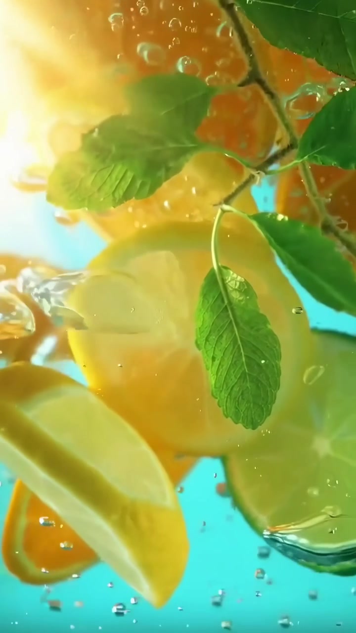 Fresh Citrus Fruits and Mint Leaves Floating in Sparkling Water