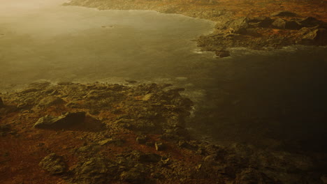 Atmospheric-landscape-with-mountain-lake-among-moraines-in-rainy-weather