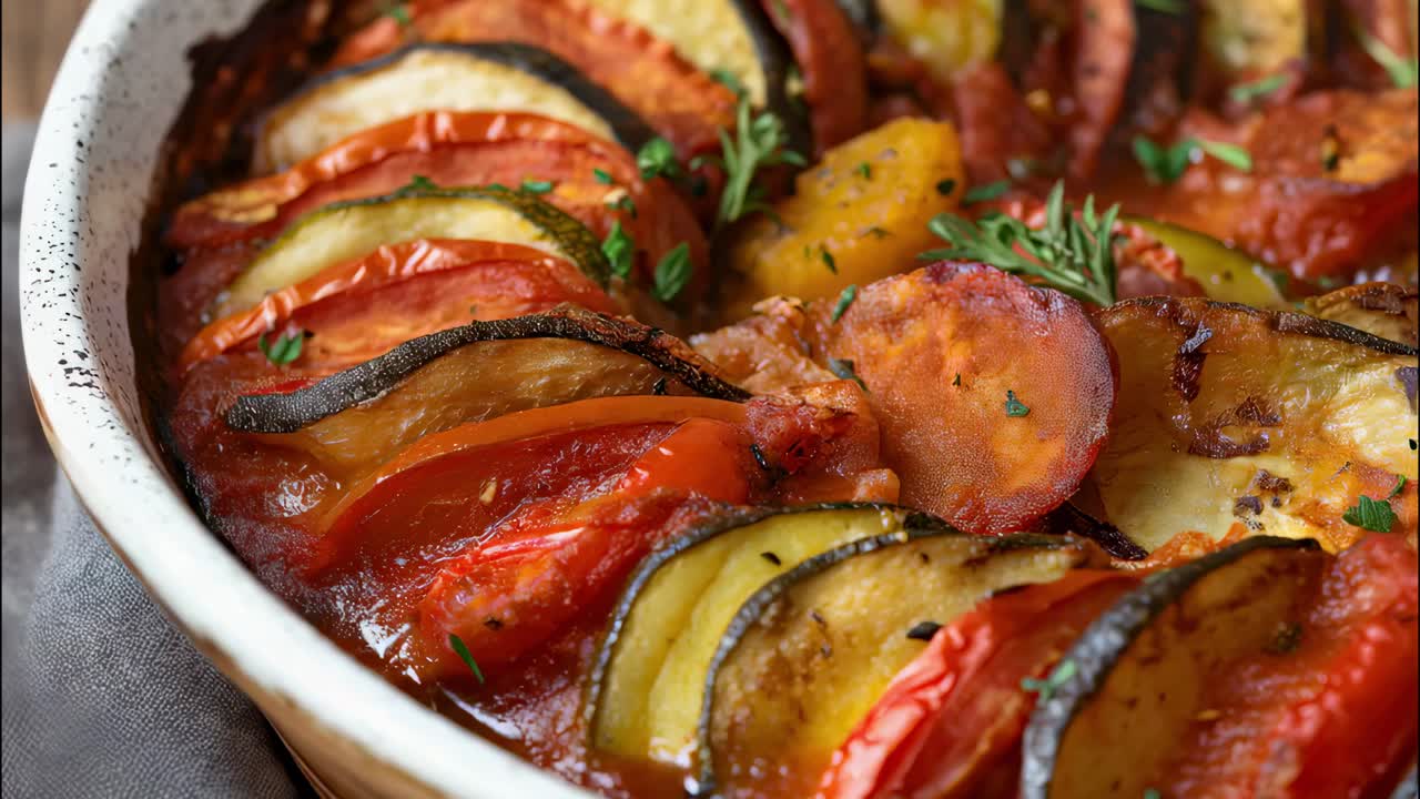 Close up of colorful ratatouille, a traditional french stew with tomatoes, zucchini, eggplant and herbs, baking in a white ceramic dish, representing healthy and delicious cuisine