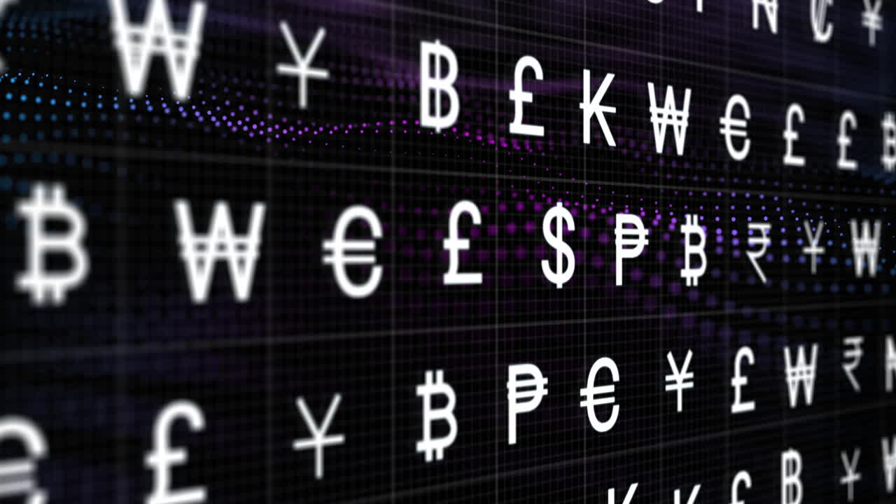 디지털 그리드 배경에서 통화 기호 애니메이션