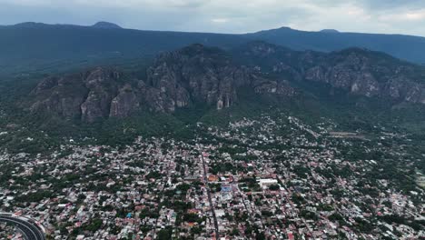 aerial overview of the tepoztlan magic town in morelos, cloudy day in mexico