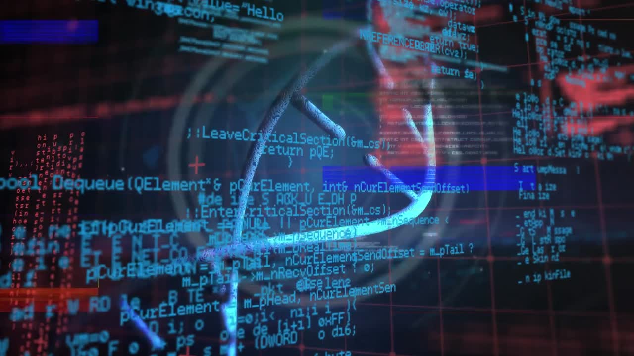 animación de la molécula de adn con texto de evidencia sobre lenguaje de programación y técnica de fallo