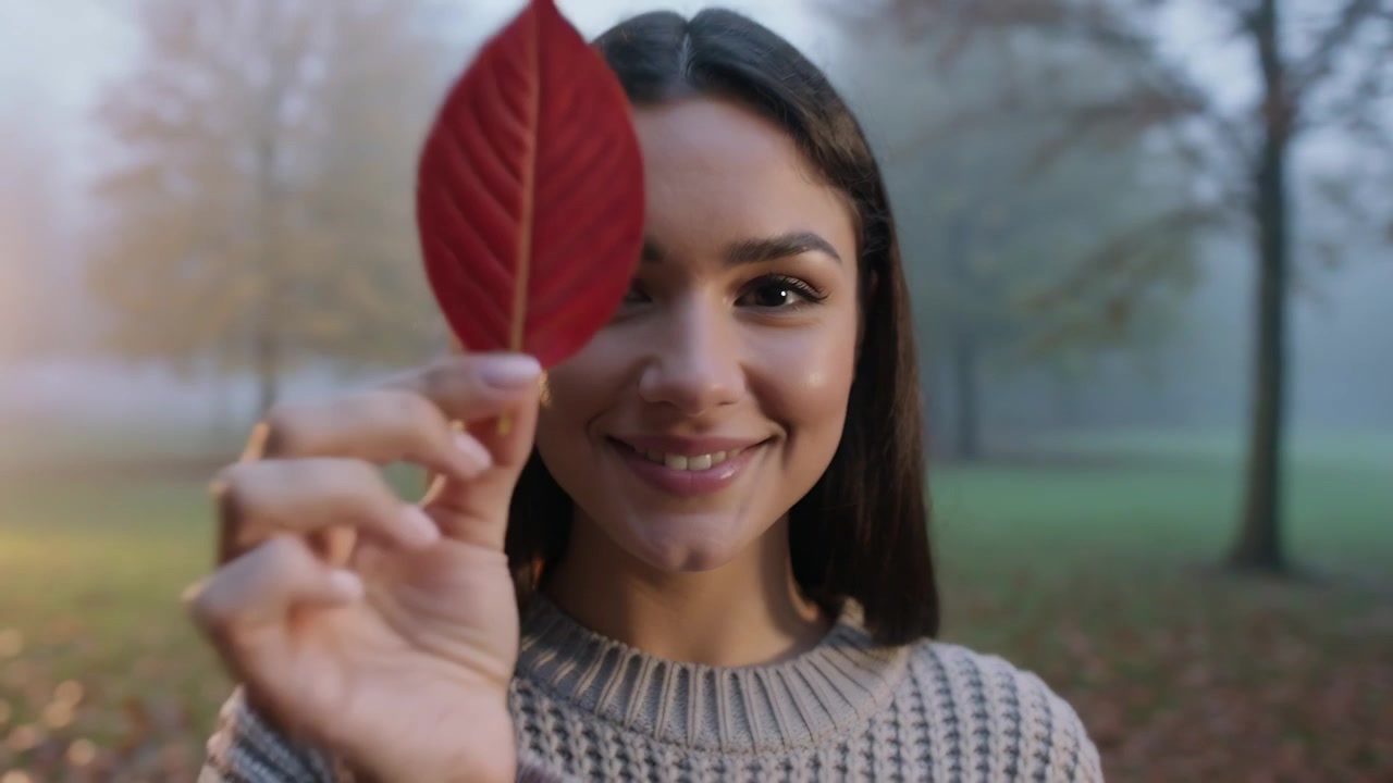 Donna con un maglione spesso in un parco nebbioso, che tiene una foglia rossa e la porta in avanti, rivelando un sorriso caloroso.