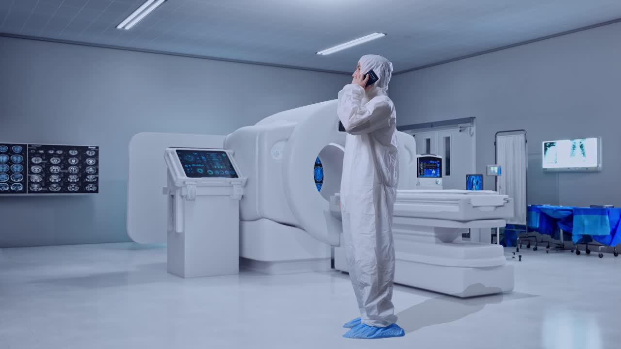 Full Body Side View Of Asian Male Scientist Talking On Smartphone While Standing With MRI Machine In The Hospital