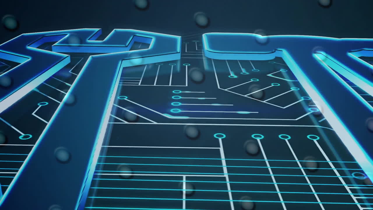 Glowing lines and abstract shapes forming blue circuit board design animation