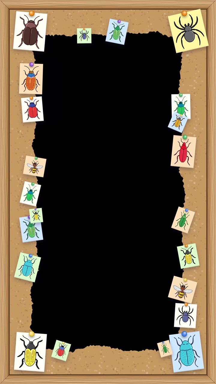 Animated vertical corkboard border features fluttering pinned insect notes around a central cutout area.