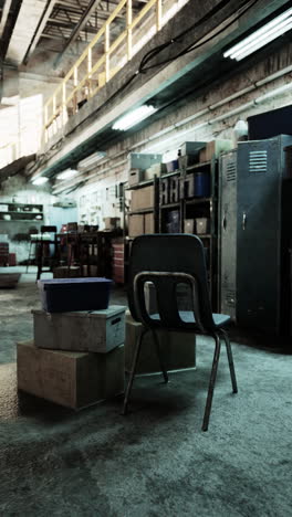 empty industrial warehouse with a chair and boxes