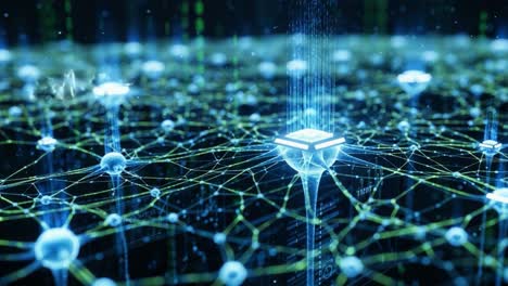 a mesmeric visualization of a digital network with glowing nodes and data streams indicating complex interconnectivity and information flow