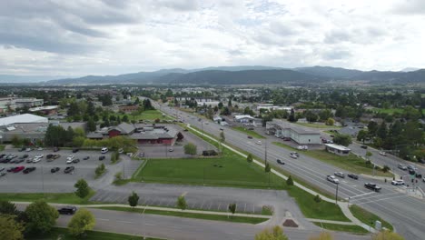 City-Streets-in-Summer-in-Kalispell,-Montana---Aerial