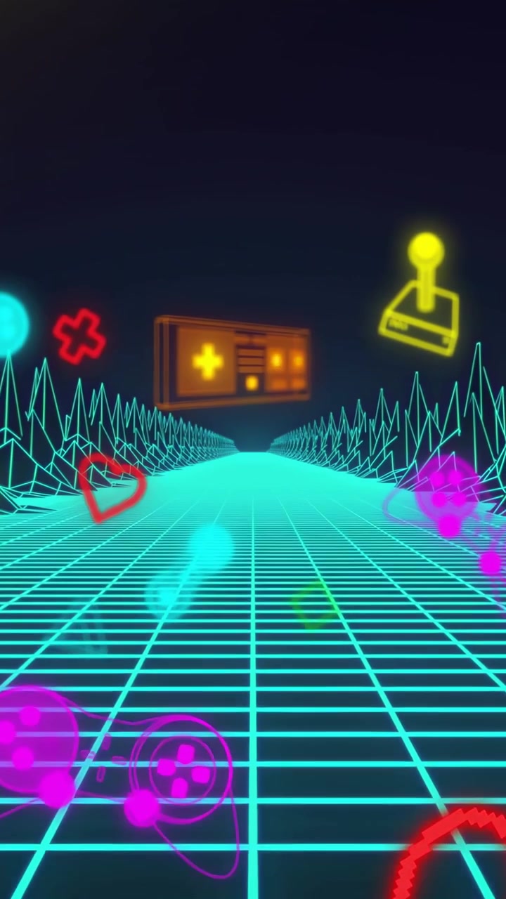 Video verticale: Joystick che emerge dall'orizzonte, si avvicina, si inclina, mostrando un'UI tecnologica su griglia.