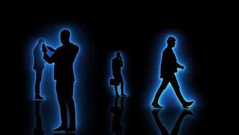 computer generated animation with neon business people silhouettes moving towards the camera. seamlessly loopable animation