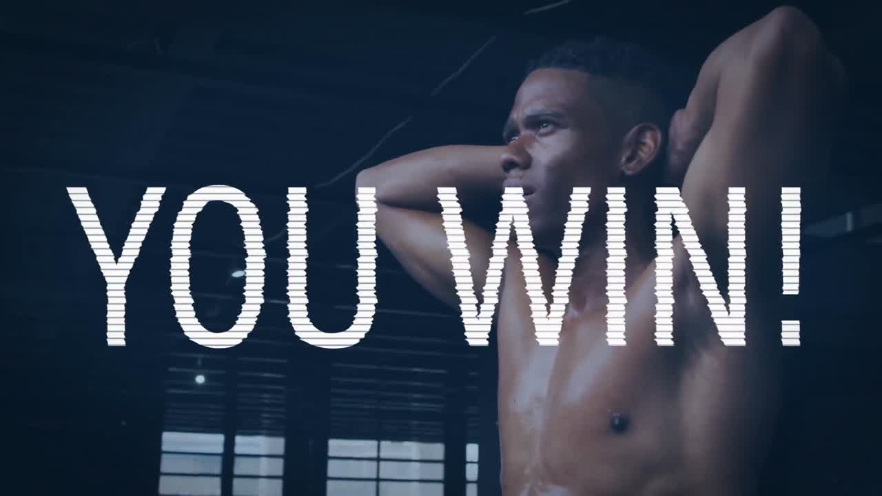 animación de usted ganar texto sobre el hombre de raza mixta flexionando sus músculos