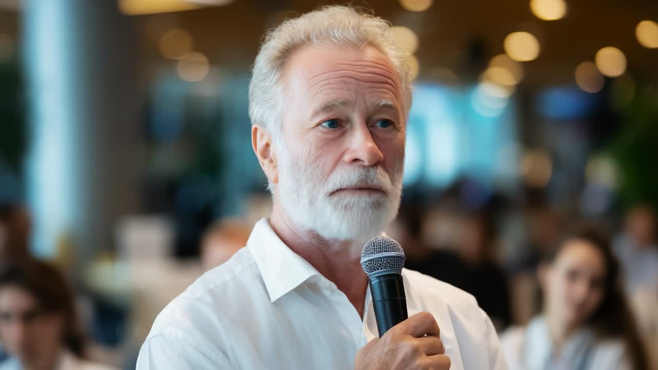 Un oratore sicuro di sé con una distinta barba grigia tiene un'avvincente presentazione in un ambiente moderno e luminoso, catturando l'attenzione del suo pubblico con i suoi commenti perspicaci e la sua presenza dinamica