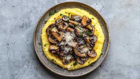 flat lay of creamy polenta with sauteed wild mushrooms