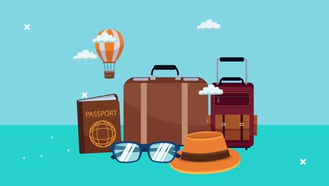 animación de turismo mundial con iconos y globos de aire caliente