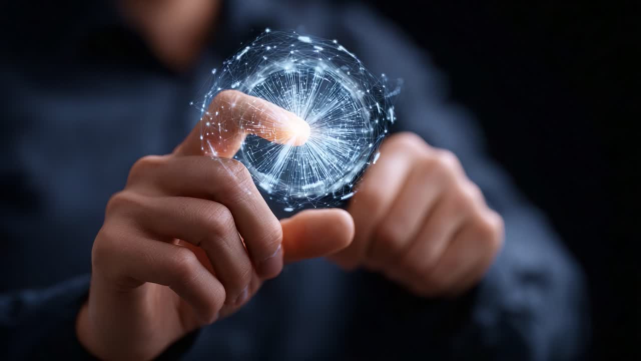 A mesmerizing display of energy as hands interact with a digital sphere, showcasing the fusion of technology and human touch in an ethereal realm of light