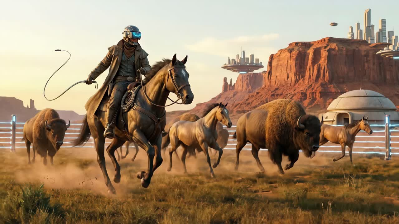 Futuristic Cyberpunk Horse Riders and Bison in a Dystopian Desert