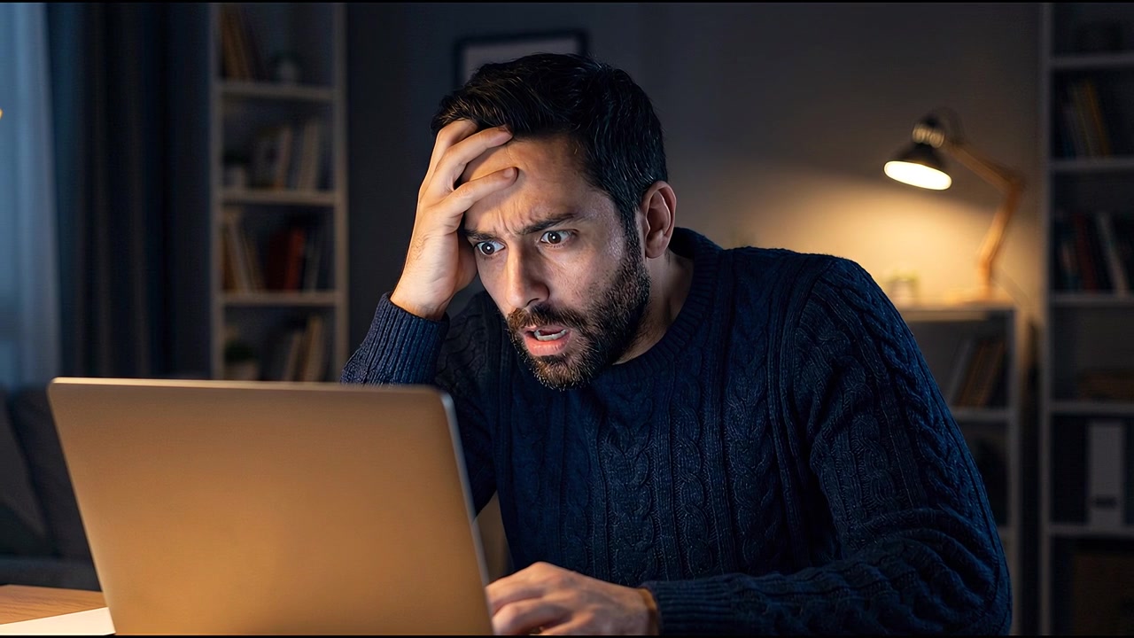 Shocked man in dark office looking at computer screen, illuminated by screen light, displaying work stress or surprising data on laptop