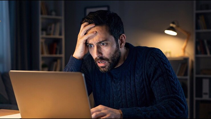 Shocked man in dark office looking at computer screen, illuminated by screen light, displaying work stress or surprising data on laptop