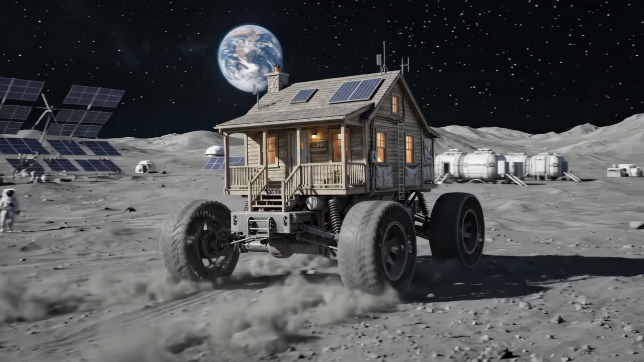 Futuristic Mobile Cabin Driving Across the Moon's Surface