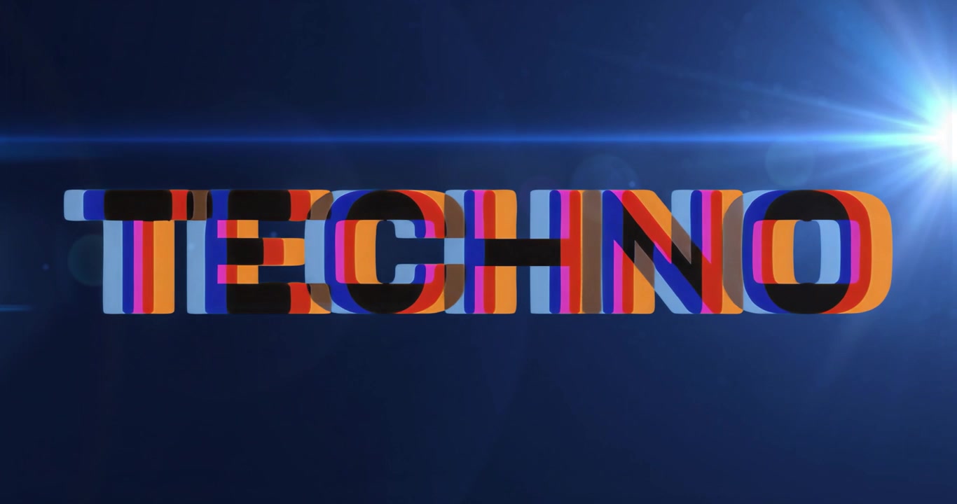 Glitch temporizzato che inizia a dividere e unire testo 3D TECHNO, mentre un bagliore dell'obiettivo alimenta il ritmo techno.