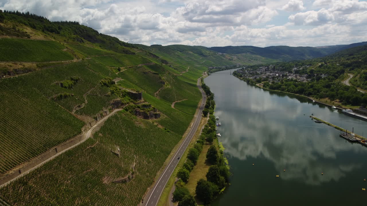 Volo sopra il lago Moselle accanto a un vigneto