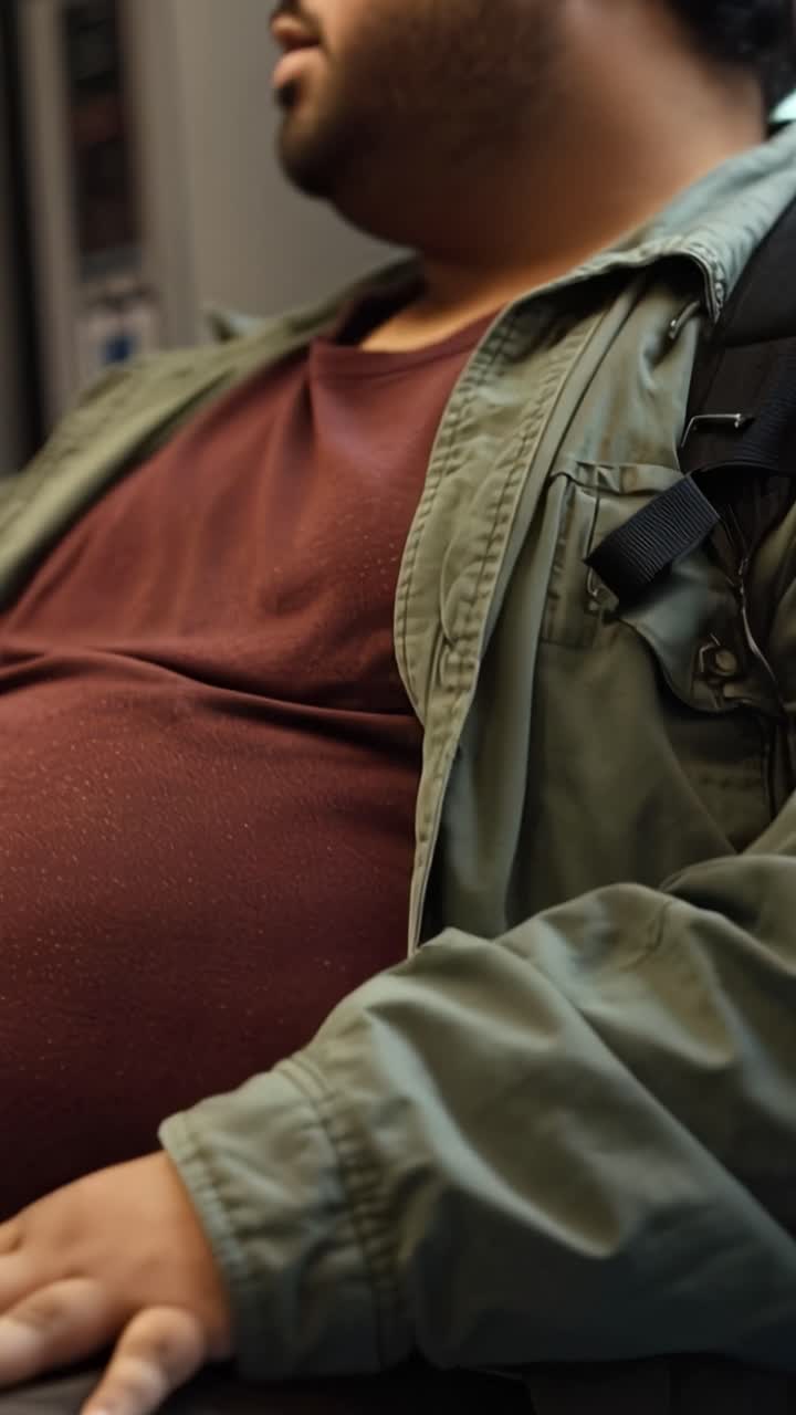 Man sits quietly on public transport. He wears a green jacket and reddish shirt. His hands rest on his lap, relaxed. He carries a backpack, showing modest travel. No facial expression visible