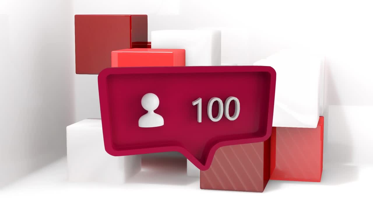 animación del icono de las redes sociales con un número creciente sobre cubos sobre fondo blanco