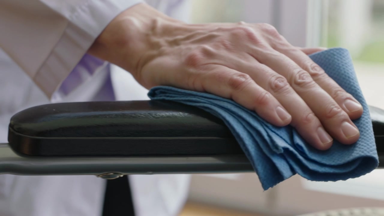 Placing folded blue cloth, hand wiping arm pad on frame, cleaning in clinic, white sleeve cuff