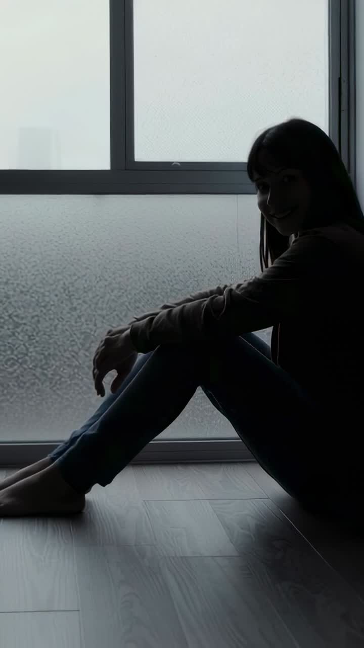 Video vertical: Mujer reaccionando a la luz, levantándose y girando hacia la cámara en casa junto a una ventana esmerilada, con pantalones vaqueros.