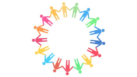 animación de bucle sdgs de personas que se toman de la mano girando, 17 colores especificados