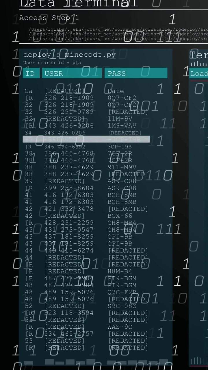 Video verticale: Pannello color verde acqua che si apre, caricamento della tabella deploy1 che scorre, selezione con 01 per l'accesso IT