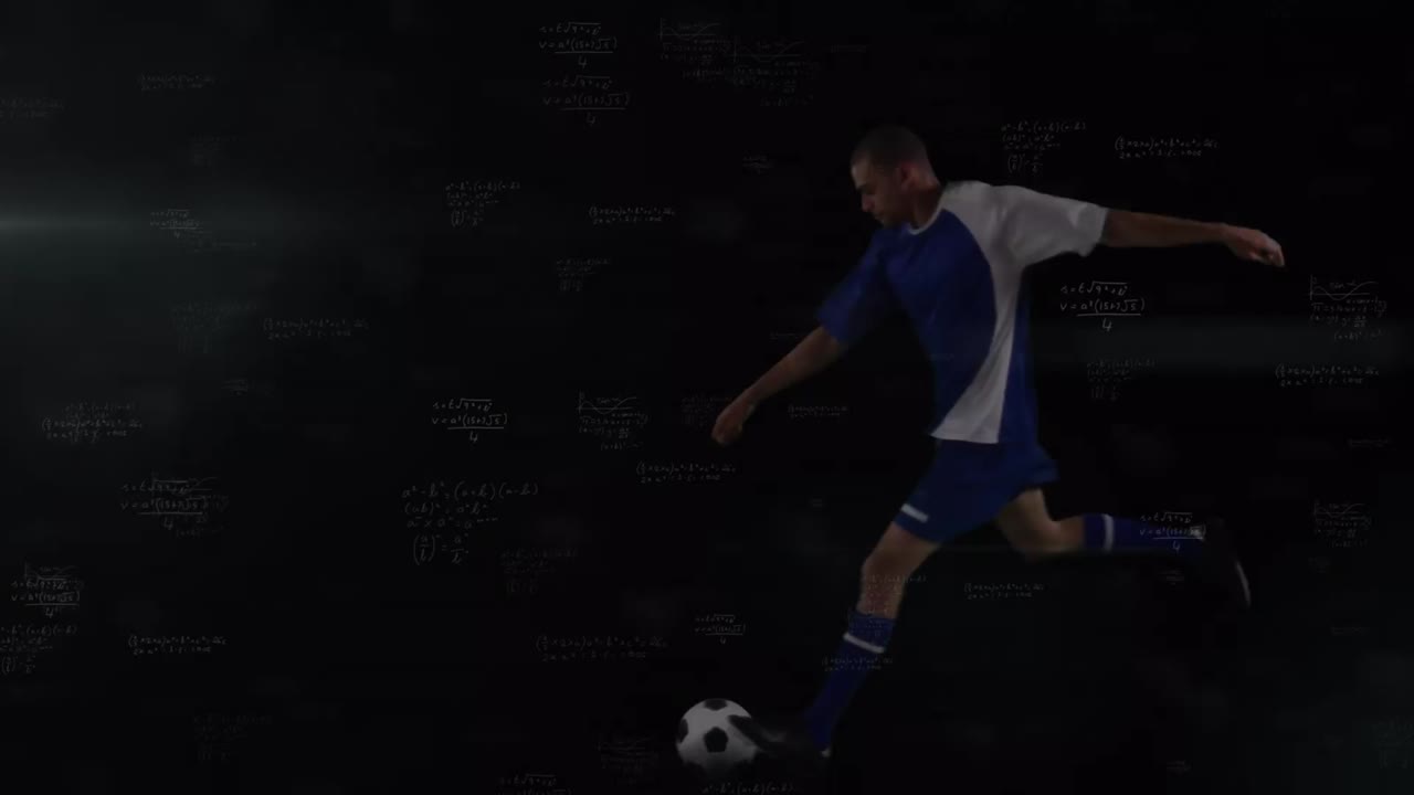 Animation of mathematical equations over biracial male soccer player kicking the ball