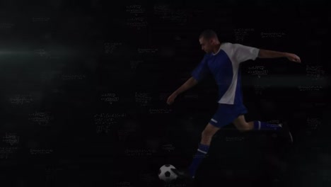 animation of mathematical equations over biracial male soccer player kicking the ball